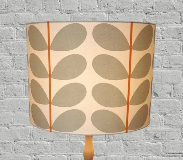 Orla Kiely Linear Stem Design | Two Colour, Warm Grey Leaf Fabric | Grey & Orange Drum Lampshade | UK Fabric | Hand Made Australia