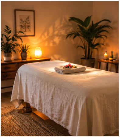 A peaceful Reiki treatment room with a white linen-covered treatment table, warm lighting, candles and indoor plants.