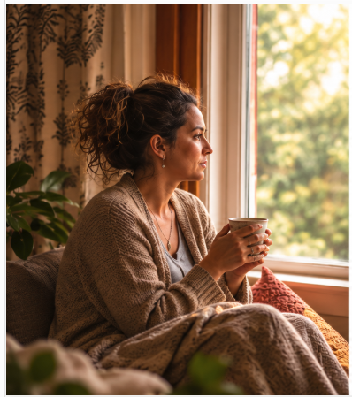 Woman sitting looking out a window, deep in though, whilst holding a cup of coffee.