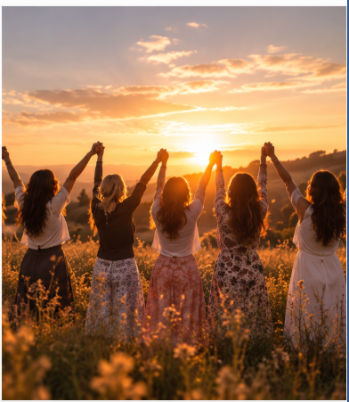 A circle of women holding their hands in the air. with a sunset behind them. 