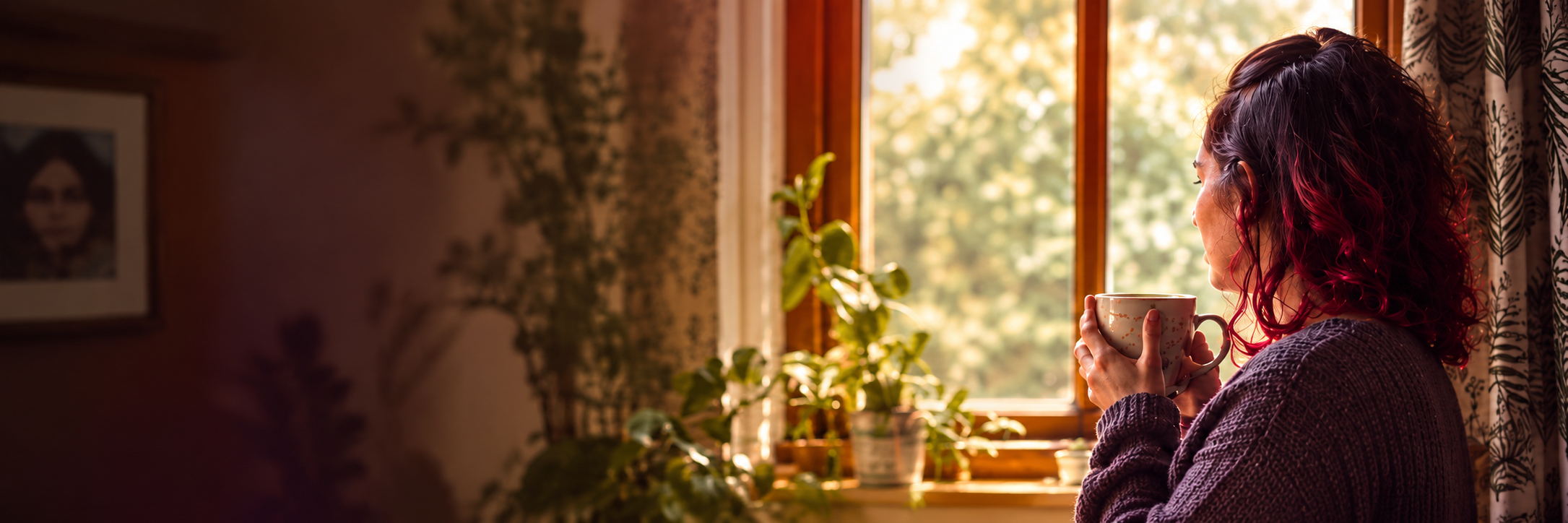 women standing at a window in her kitchen, looking outside into the garden whilst holding a mug of coffee.