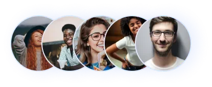 A collage of five diverse smiling young adults, each in a circular frame, with a blue dotted background.
