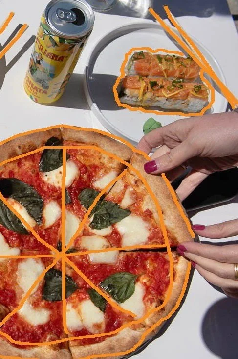 A pizza with mozzarella cheese and basil, a plate with sushi rolls, a can of Sprite, and two pairs of chopsticks on a white table.