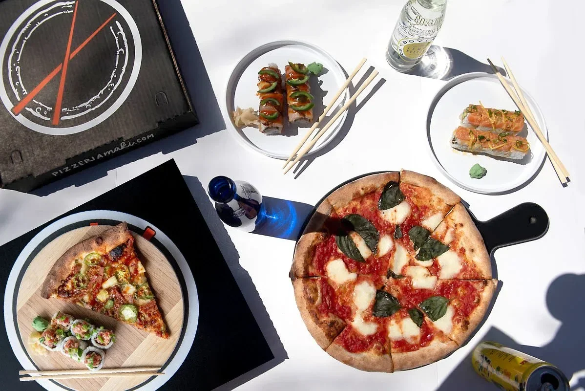 Pizza and sushi at the flagship