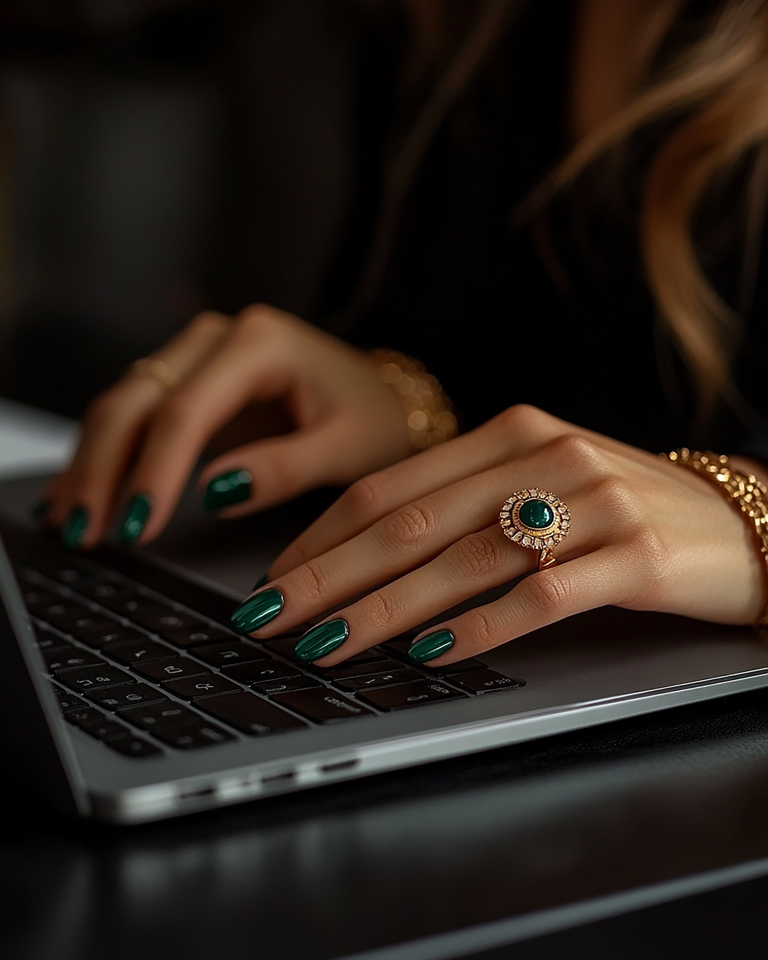 Close-up of a woman's hand with green manicured nails typing on a laptop keyboard, wearing a large ring with a green gemstone surrounded by small diamonds, and a gold bracelet.