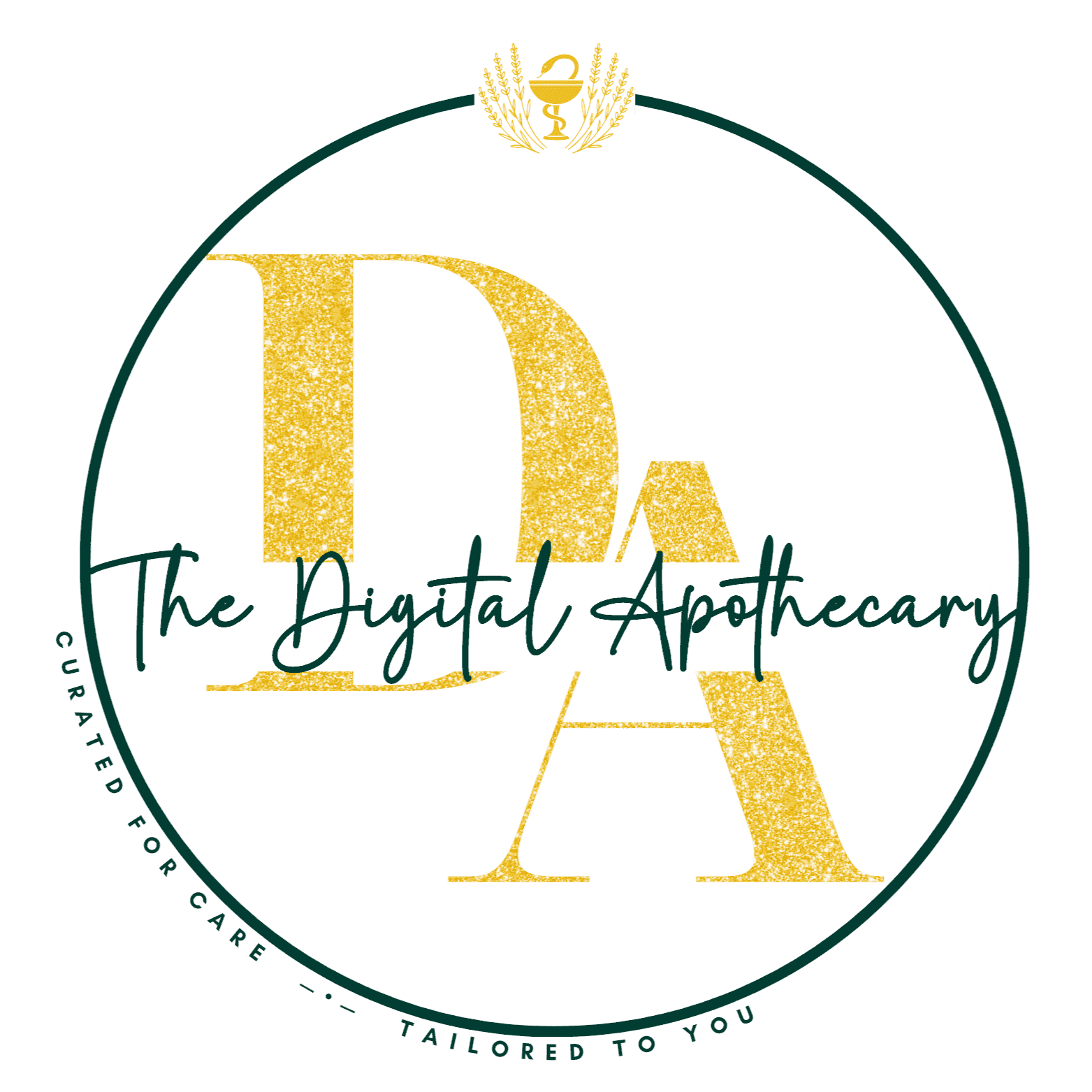 Logo for The Digital Apothecary, featuring large gold initials D and A, the Bowl of Hygeia and lavender, and text indicating it custom product design for improved patient care.