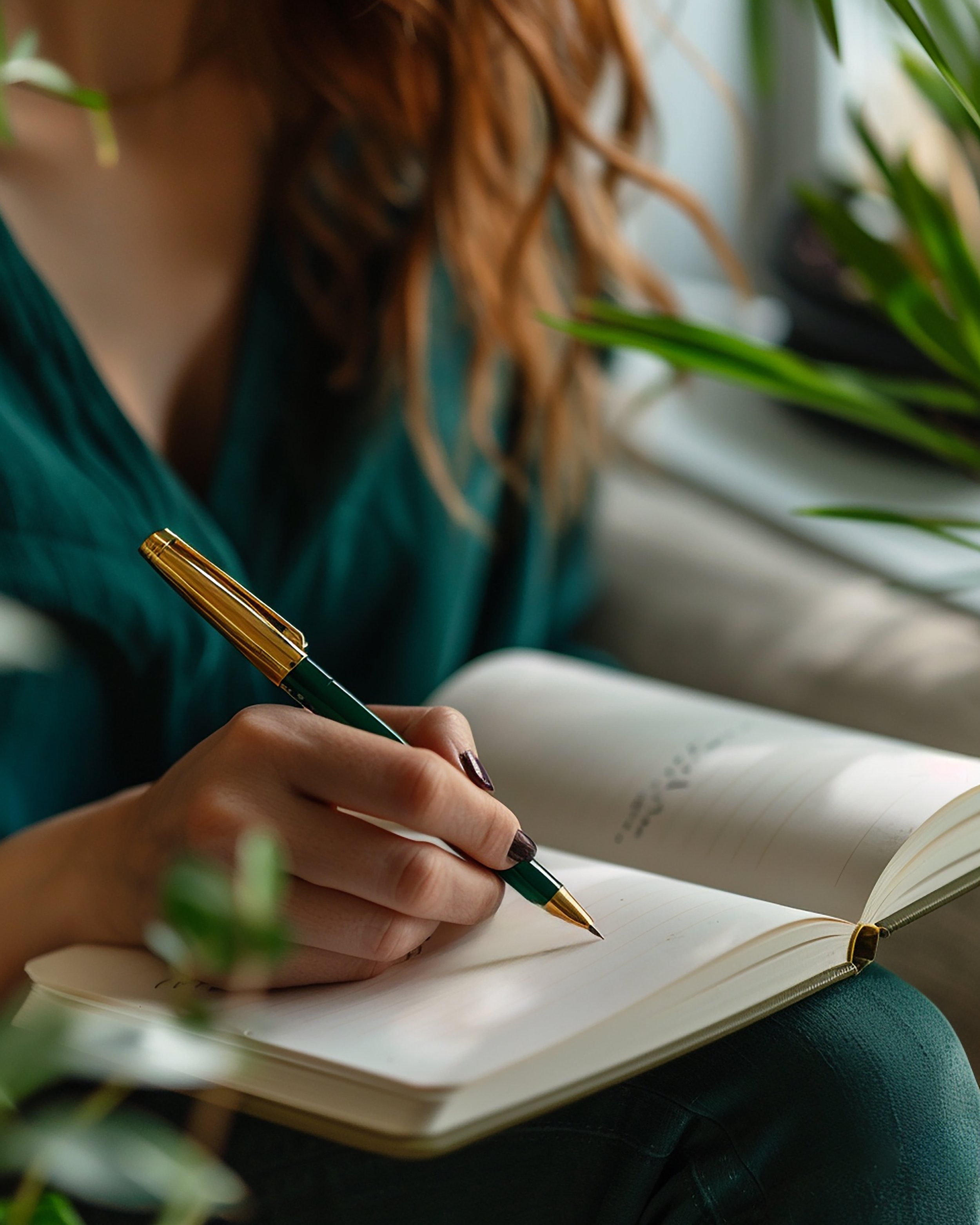 A woman with red hair sitting near a window, writing in a notebook with a green and gold pen, surrounded by green plants.