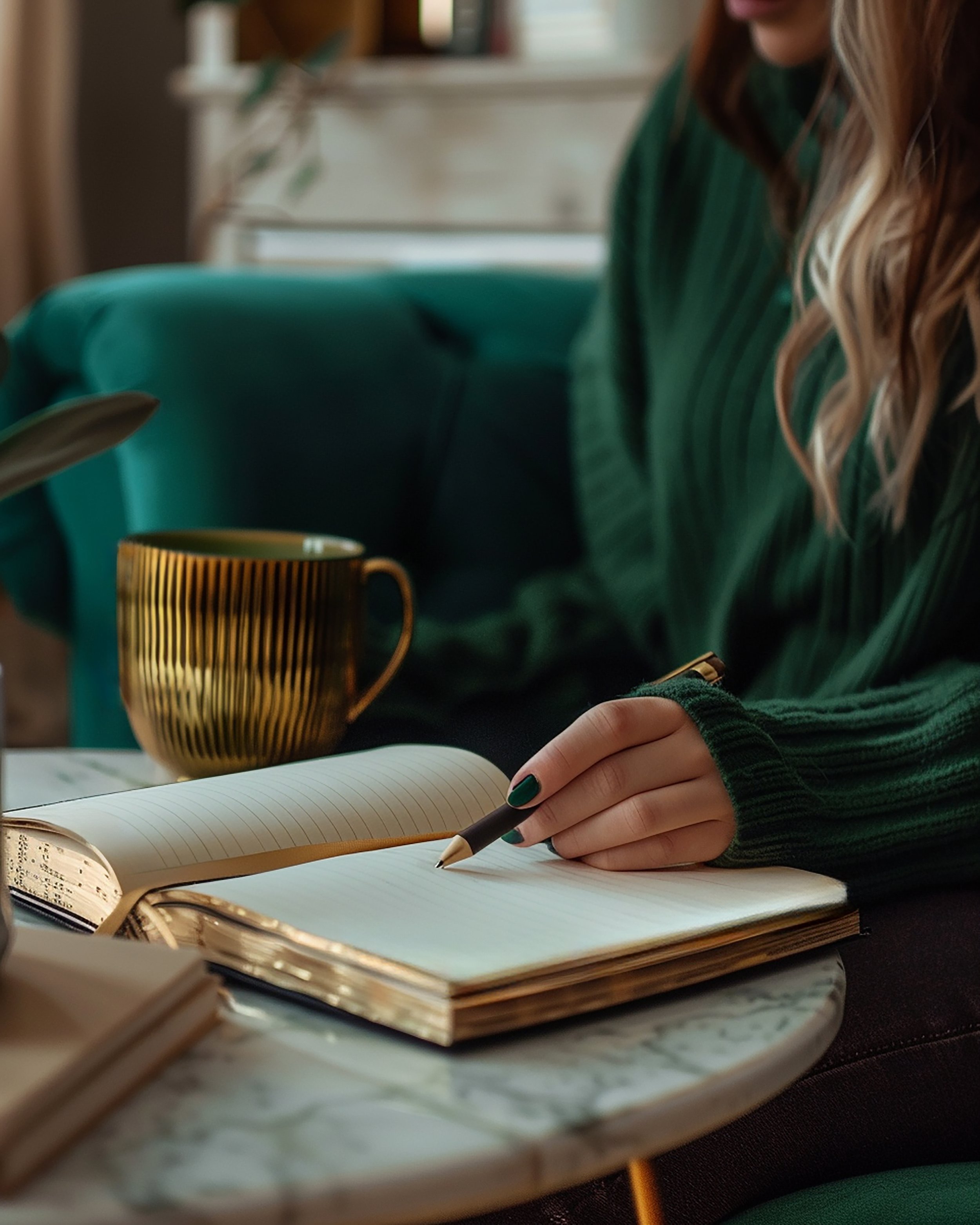 A woman writing in a notebook at a marble table, with a gold and black mug nearby, wearing a green sweater.