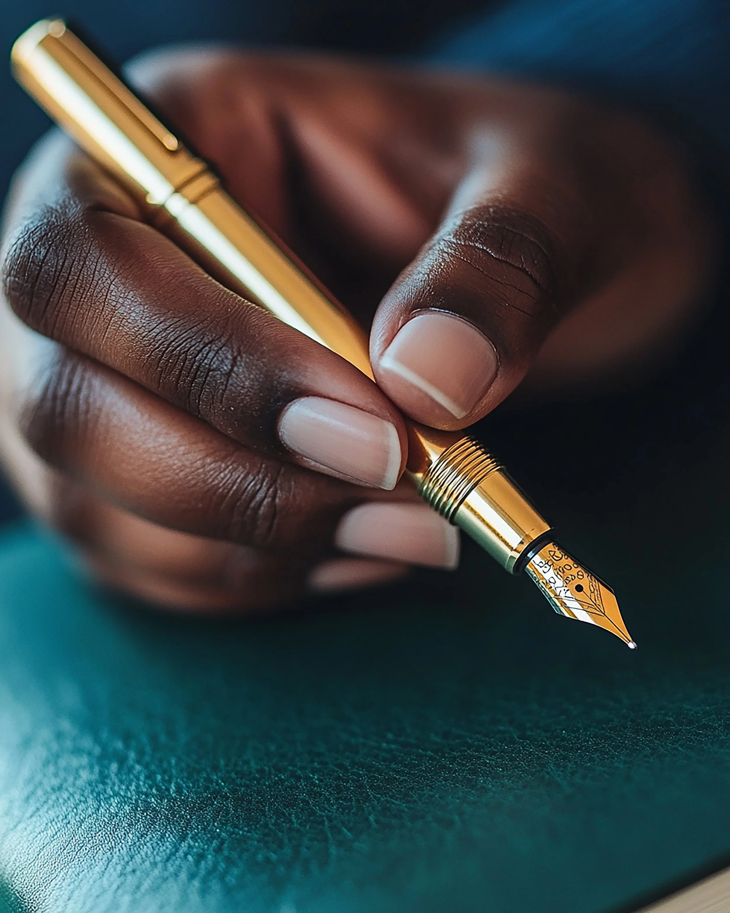 Close-up of a person's hand holding a gold fountain pen, poised above a textured teal surface.