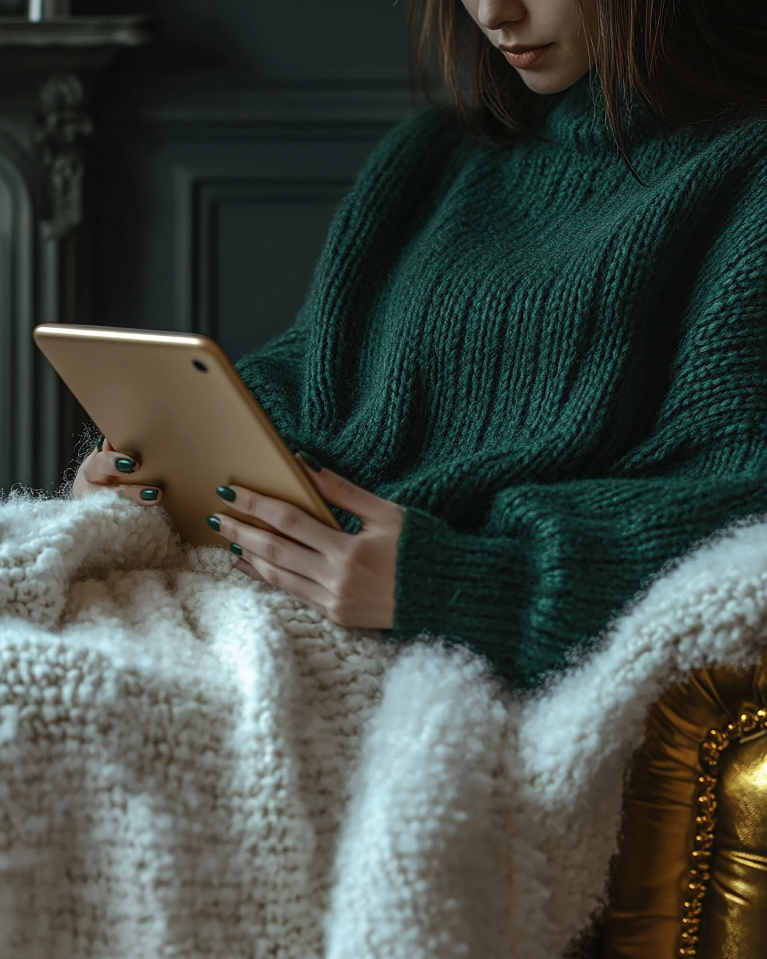 Person wearing a green sweater, sitting with a beige blanket, holding a tablet, in a cozy setting.