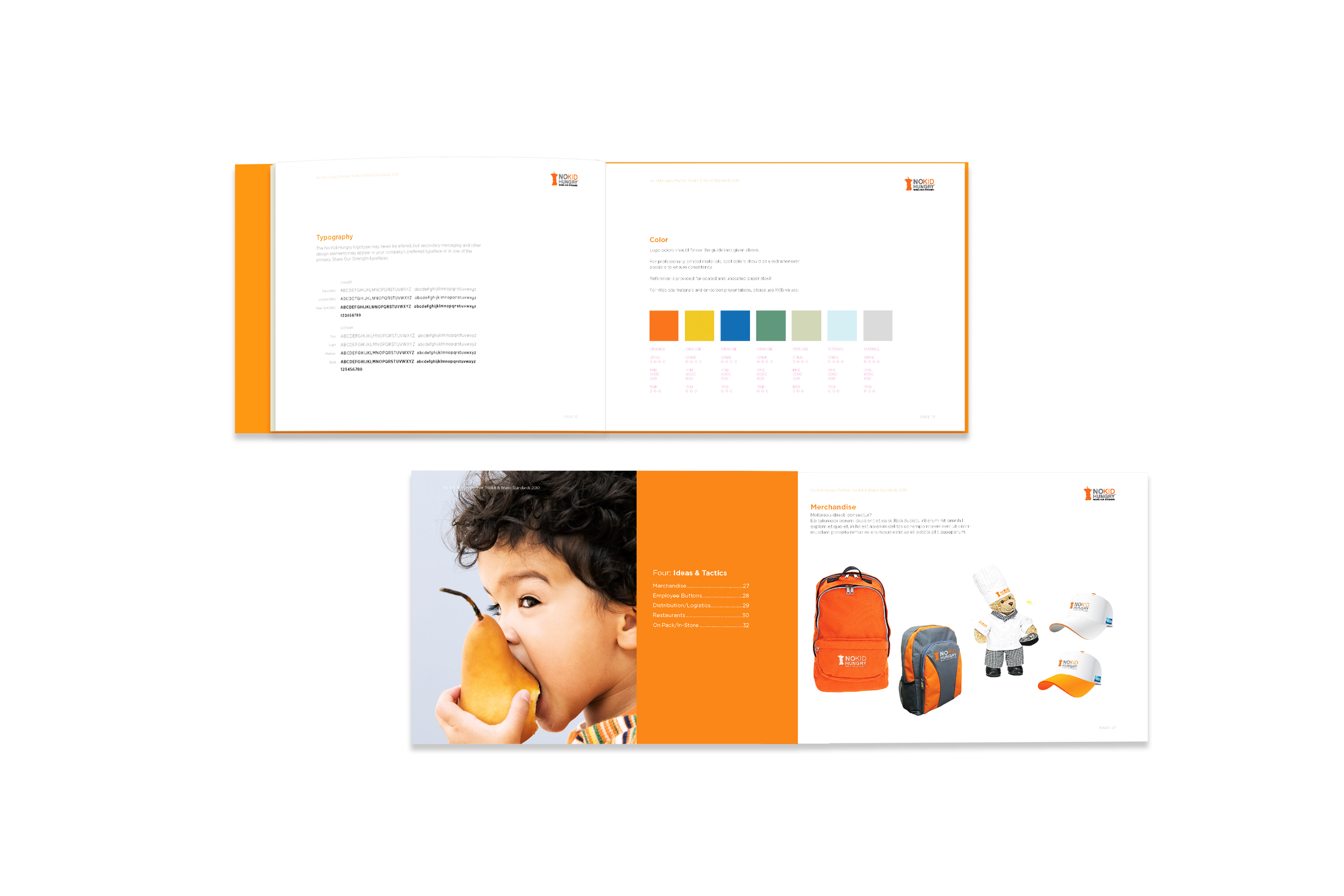 Open booklet showing branding guidelines, typography, color palette, and images of merchandise and promotional items for a brand called Nokid Hungry.