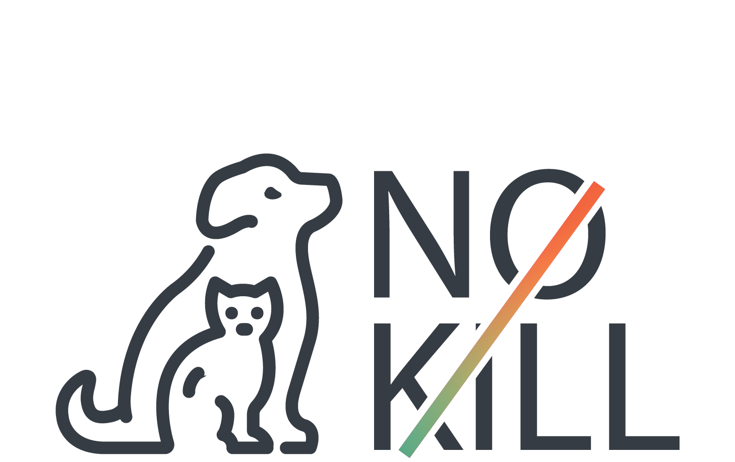 Line drawing of a dog and cat with the text 'NO KILL' and a rainbow-colored slash through the words.