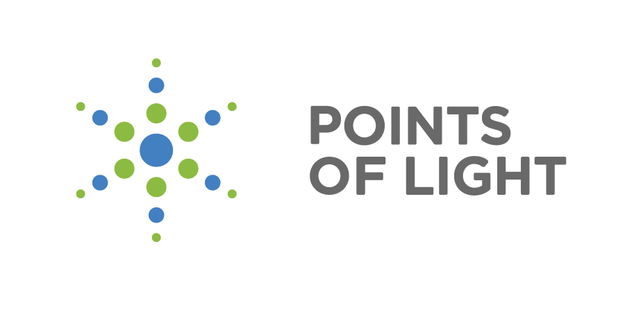 A logo with green and blue circles radiating from a central point, next to the text 'POINTS OF LIGHT' in gray capital letters.