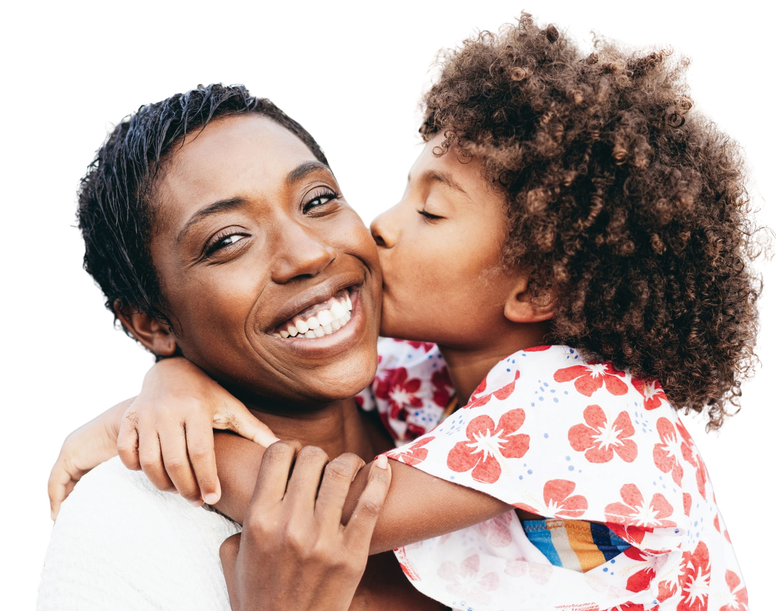 A joyful woman hugging her young daughter, who is giving her a kiss on the cheek. The woman has short dark hair and a wide smile, and the girl has curly hair and is wearing a floral dress.
