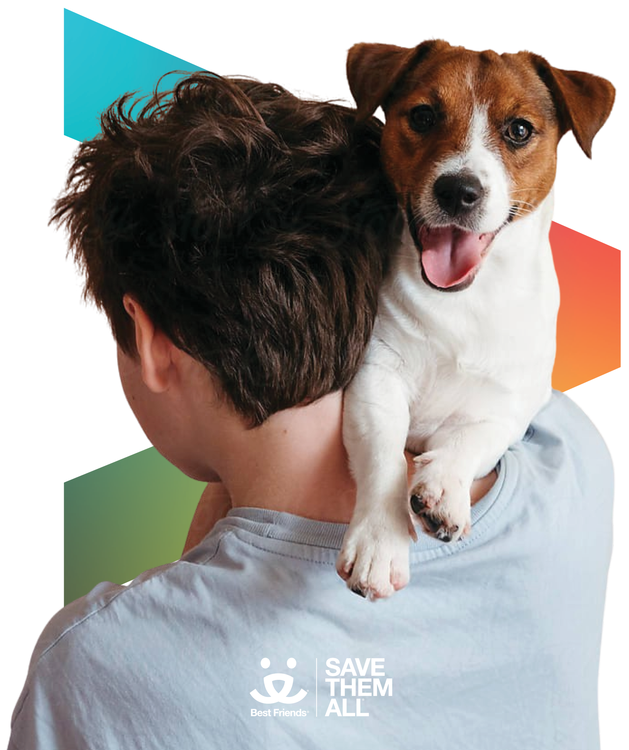 A person with brown curly hair holding a small brown and white dog with a white face and brown ears. The person is wearing a light blue shirt. In the lower part of the image, there is a white logo with a smiling face and the words 'SAVE THEM ALL' and 'Best Friends'.