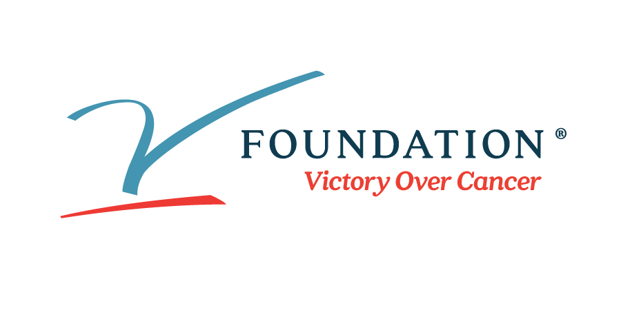 Logo of the Victory Over Cancer Foundation featuring a stylized checkmark with blue and red lines, and the tagline 'Victory Over Cancer' in red.