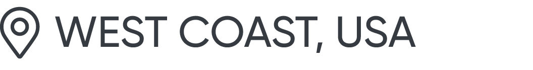 Text displaying 'WEST COAST, USA' with location icon in the top left corner.