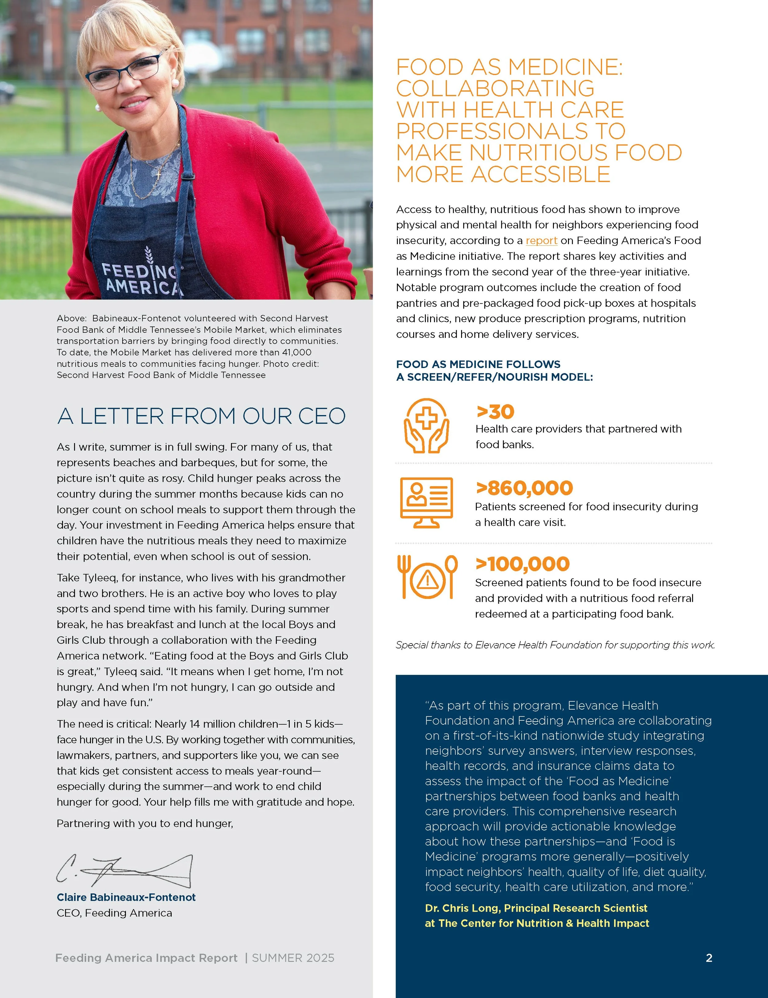 Page from a report titled 'Feeding America Impact Report Summer 2025' with a photograph of a smiling woman wearing glasses, a red cardigan, and a Feeding America apron. The page contains text about food as medicine, collaboration with health care professionals, and statistics on food insecurity and program outcomes.
