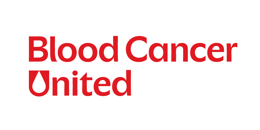 Red text stating 'Blood Cancer United' on a black background.