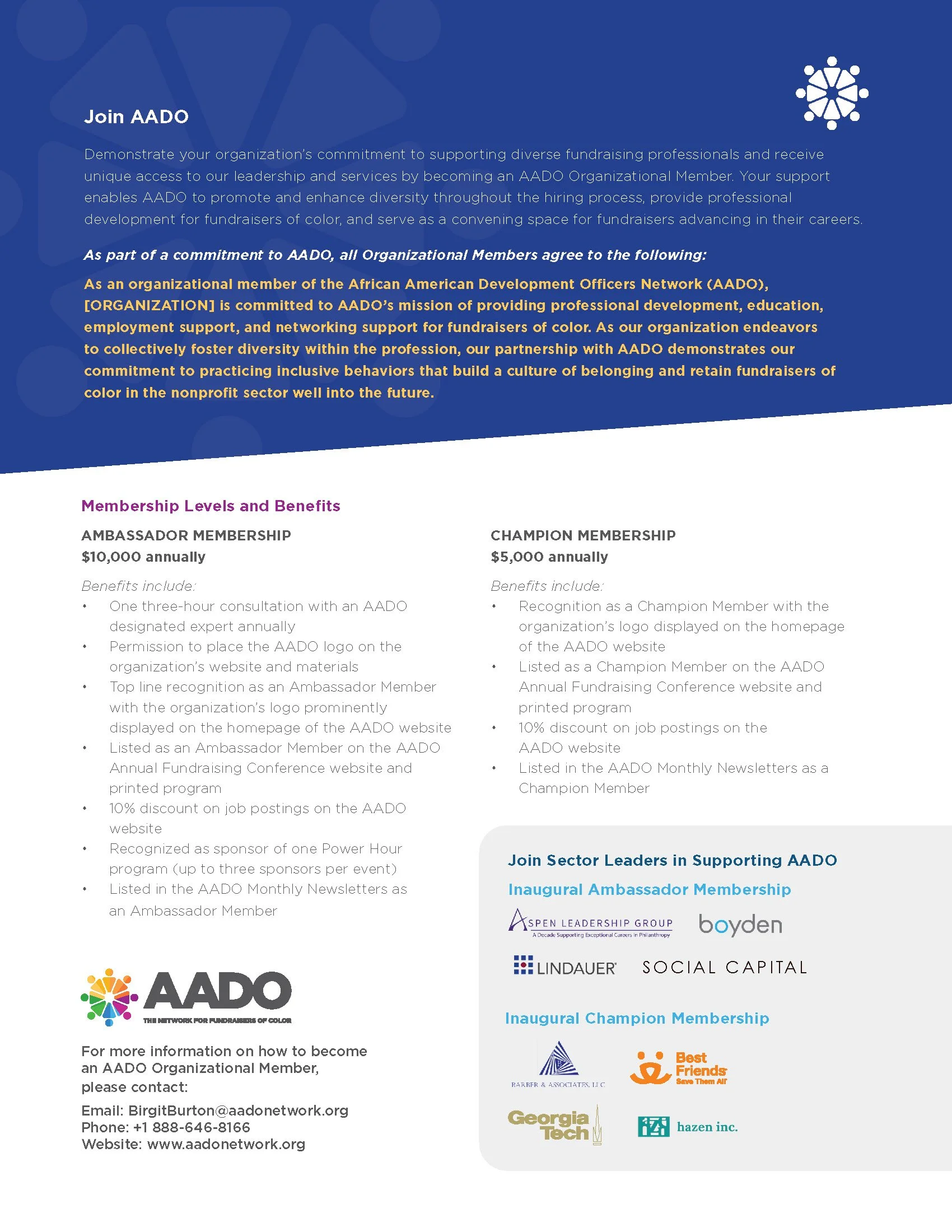An informational flyer about joining AADO, emphasizing diversity and inclusion in nonprofit fundraising. It details membership levels, benefits, and contact information, with logos of partner organizations at the bottom.