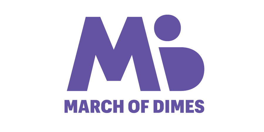 Purple logo with the letters 'M' and 'D' representing 'March of Dimes' in bold above the text 'MARCH OF DIMES'.