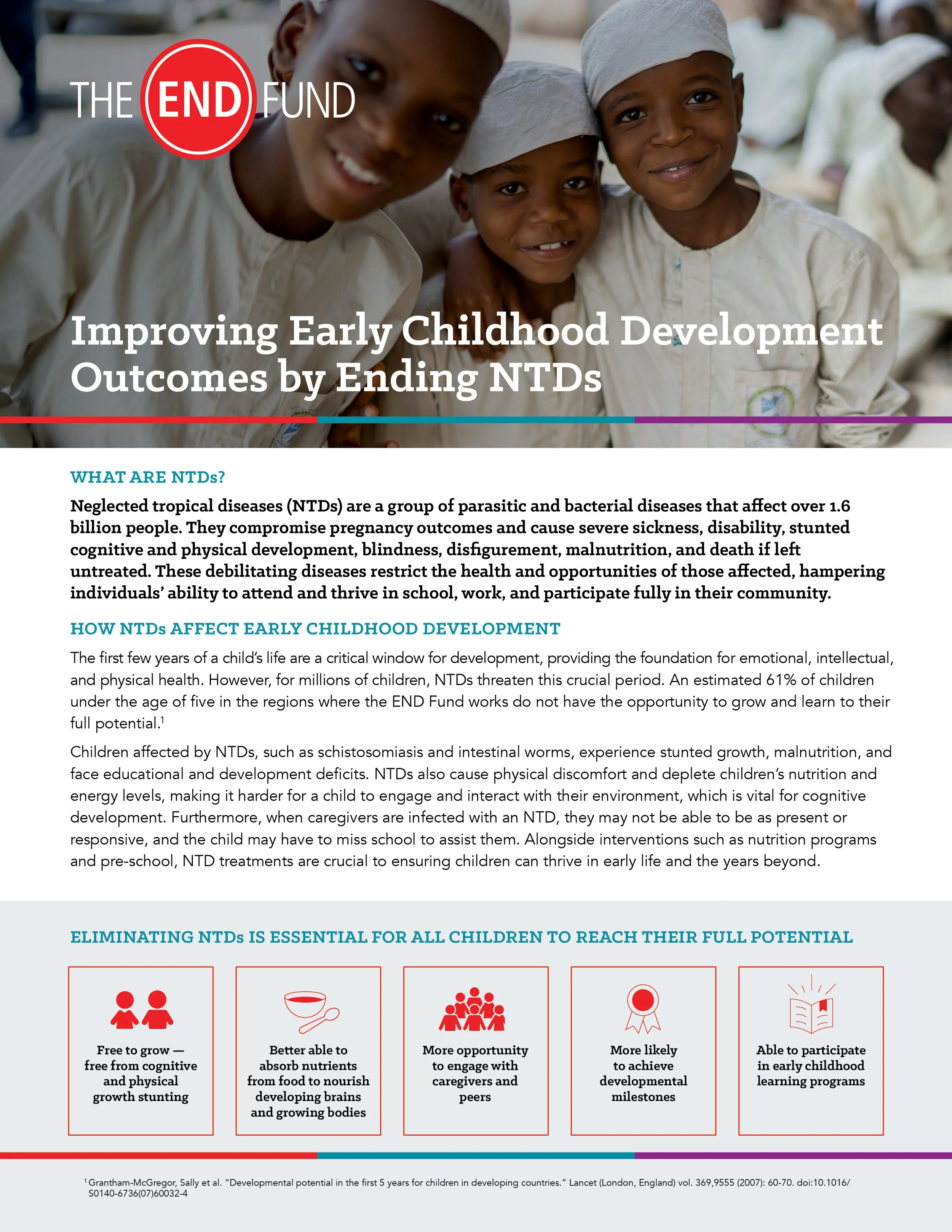 A group of smiling young children wearing white clothing and head coverings, standing close together indoors, with the text 'The END Fund Improving Early Childhood Development Outcomes by Ending NTDs' overlayin the upper part of the image.