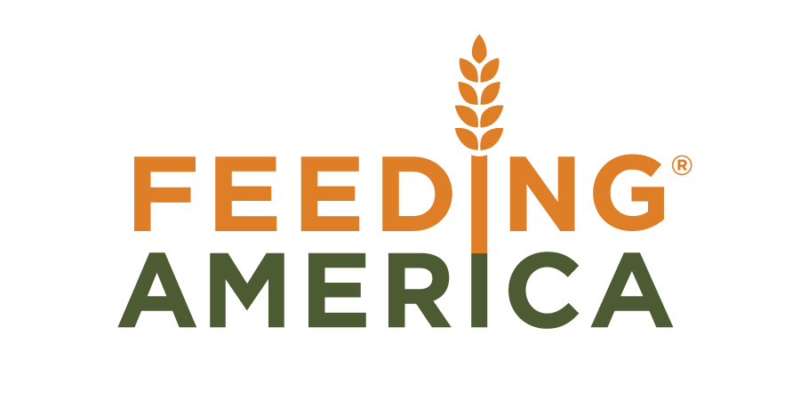 Feeding America logo with the words 'FEEDING' in orange and 'AMERICA' in green, with a stylized wheat stalk replacing the letter 'I' in 'FEEDING'.