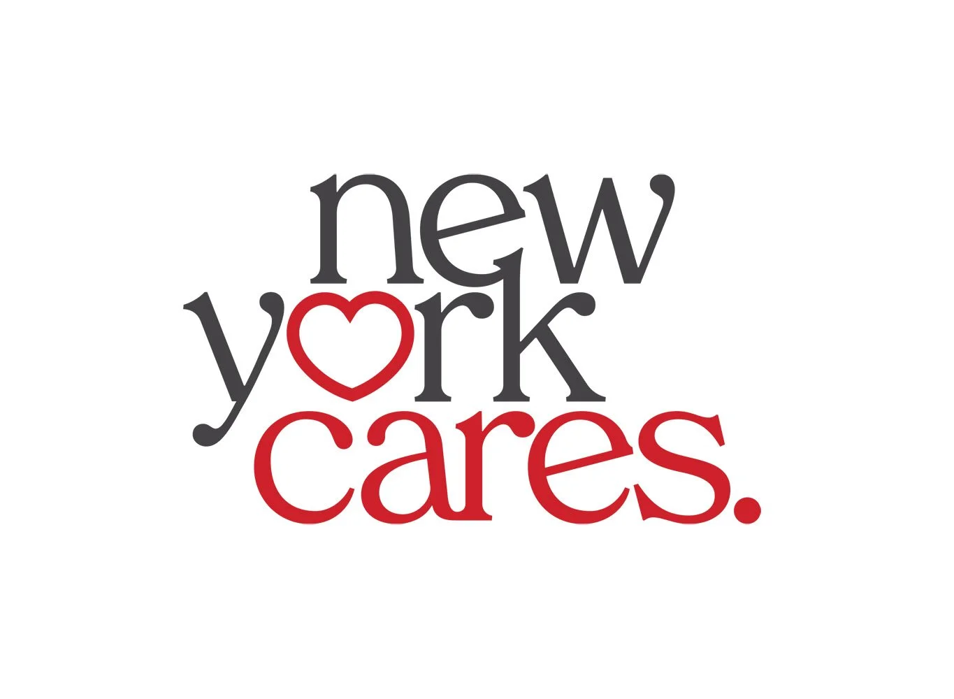 Text saying 'new york cares' with a red heart replacing the 'o' in 'your'.