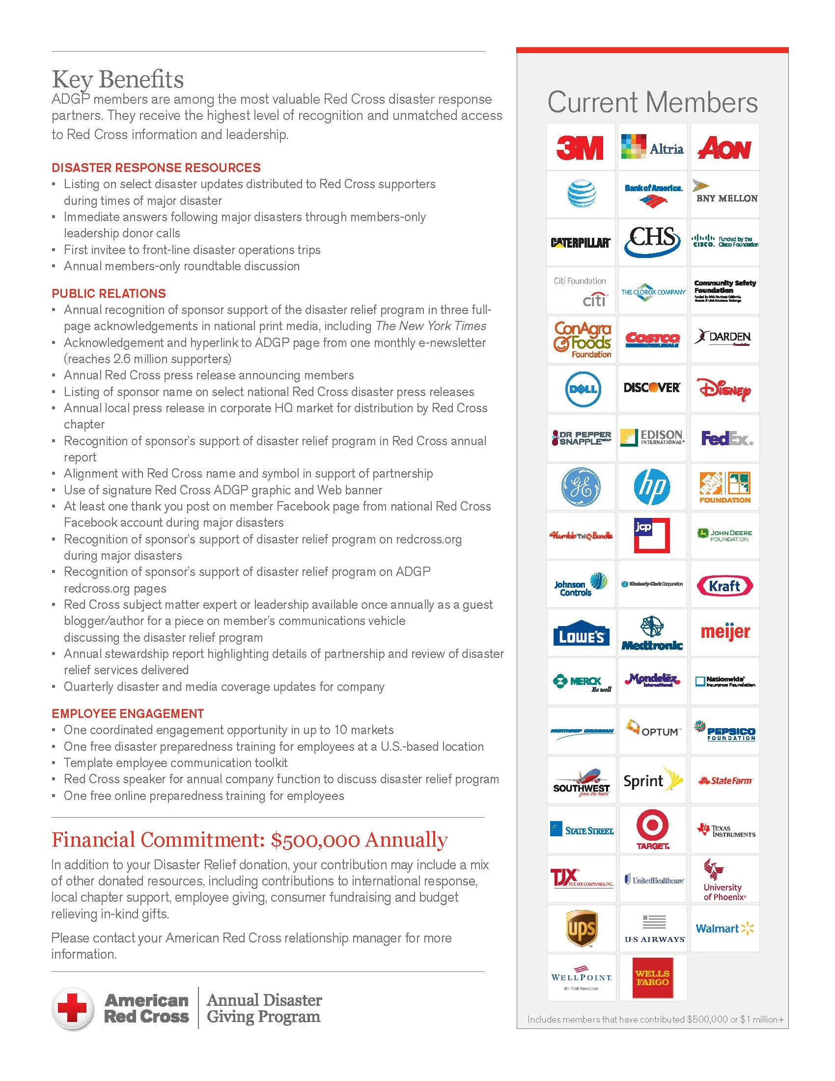 A document from the American Red Cross about their disaster response partnership members and benefits, featuring a list of corporate logos on the right side. The text discusses key benefits for members, public relations, employee engagement, and financial commitments.
