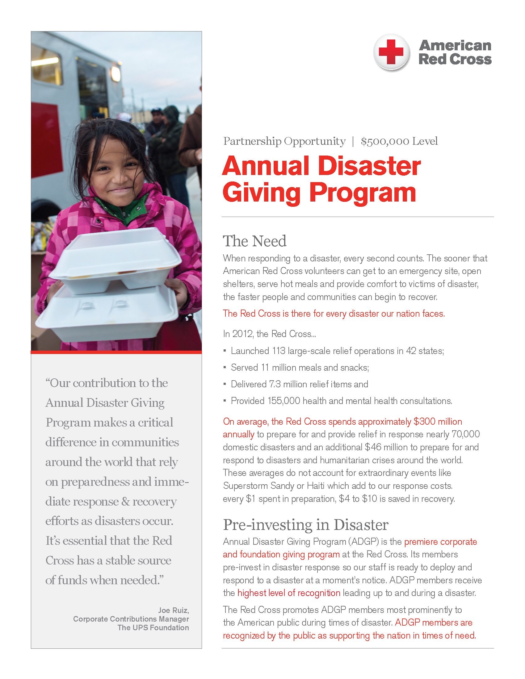 The flyer features a smiling young girl in a pink checkered jacket holding a white food container, with emergency responders and a red emergency vehicle in the background. The flyer is about the American Red Cross's Annual Disaster Giving Program and encourages support for disaster response and relief efforts.