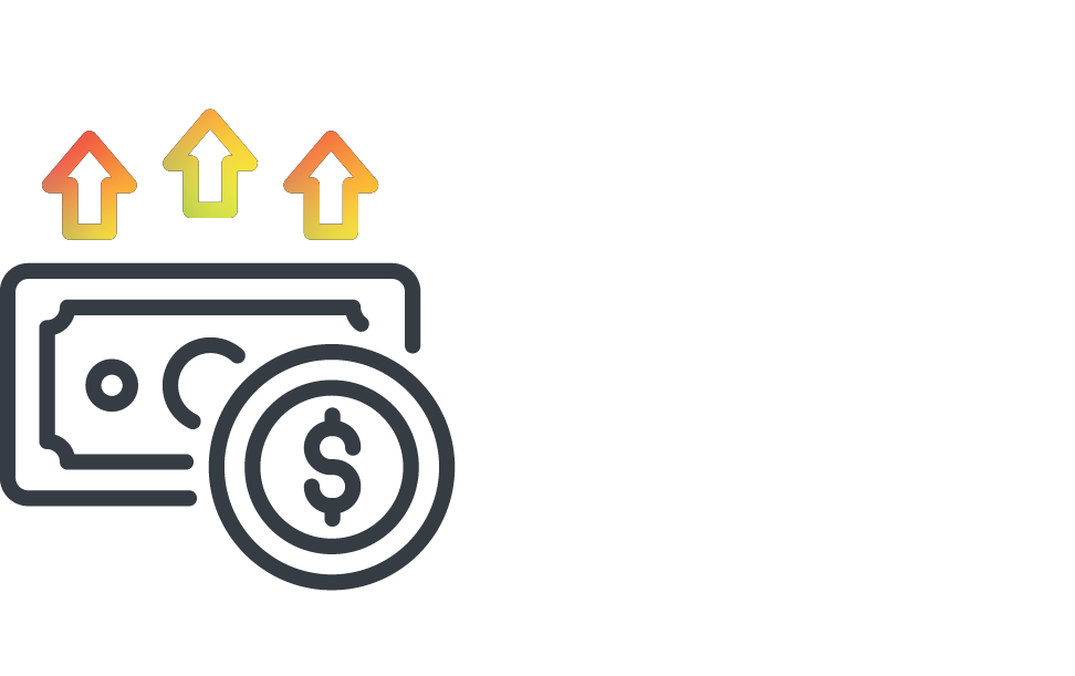 Icon of a dollar bill with a dollar coin in front of it, and three upward arrows above, indicating financial growth or increase in value.