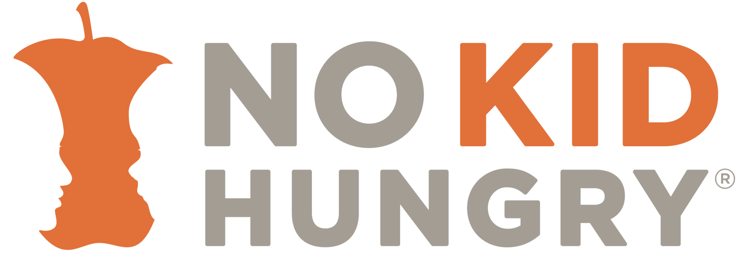 Logo with an orange apple silhouette and a child's face outline, with the text 'NO KID HUNGRY' in gray and orange letters.