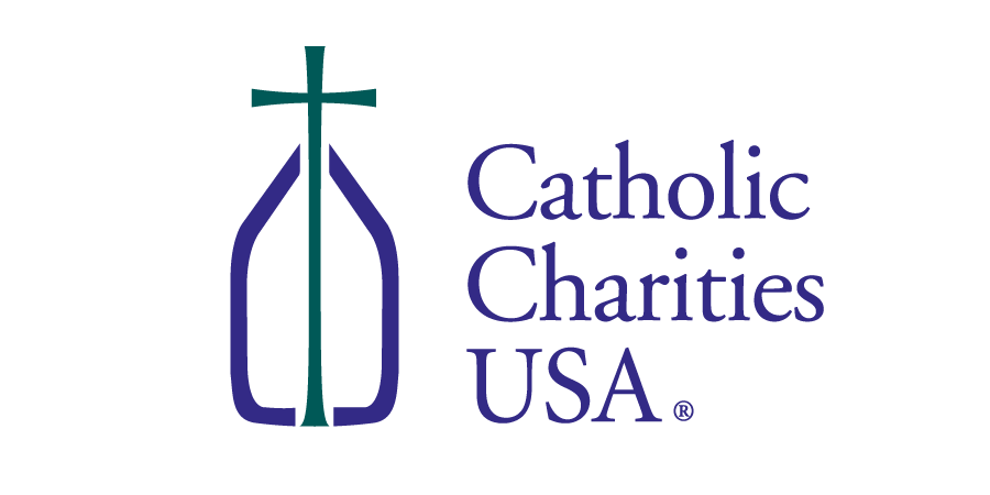 Logo of Catholic Charities USA featuring a cross and a stylized shield along with the text 'Catholic Charities USA'.