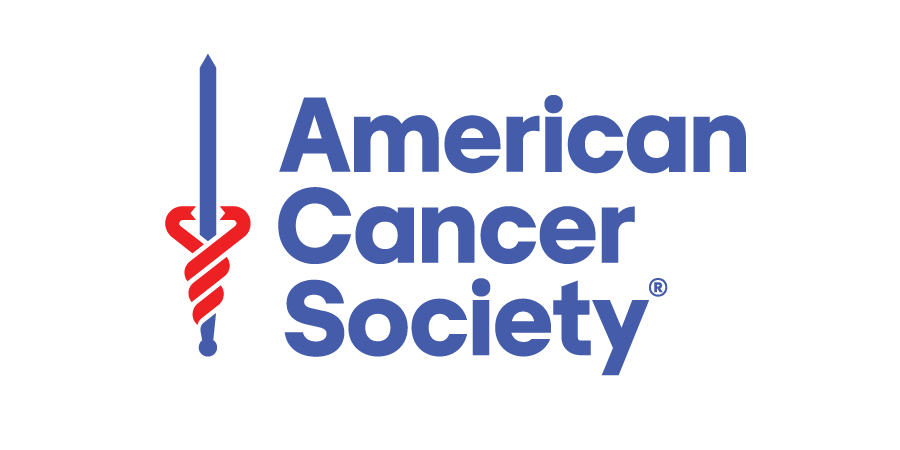 Logo of the American Cancer Society featuring a caduceus symbol with a red ribbon intertwined and the organization's name in blue text.