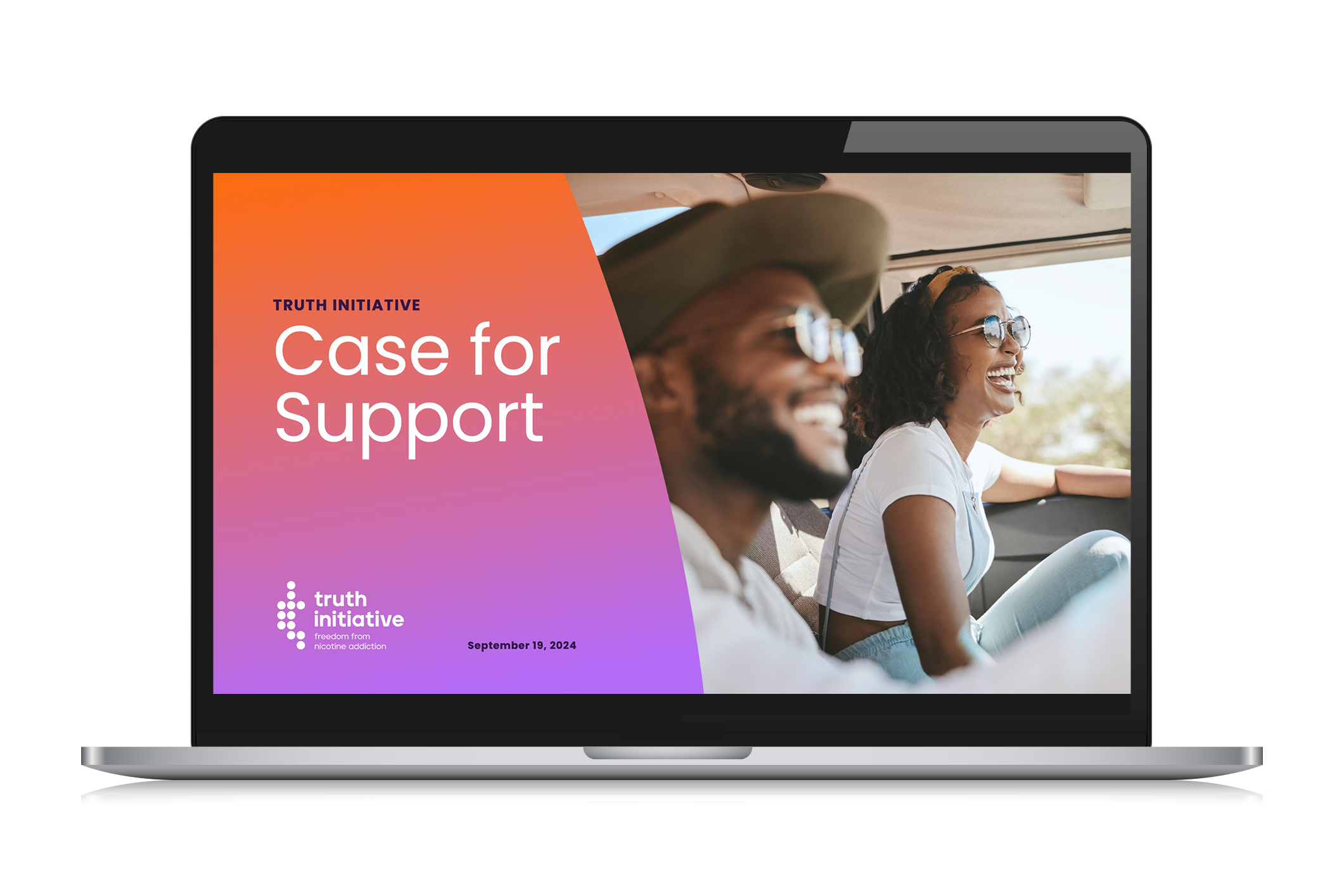 Laptop screen displaying a promotional poster for the Truth Initiative event titled 'Case for Support,' scheduled for September 19, 2024. The poster features a gradient background from orange to purple, with a photo of two smiling women, one wearing sunglasses and the other wearing a hat, sitting in a vehicle.