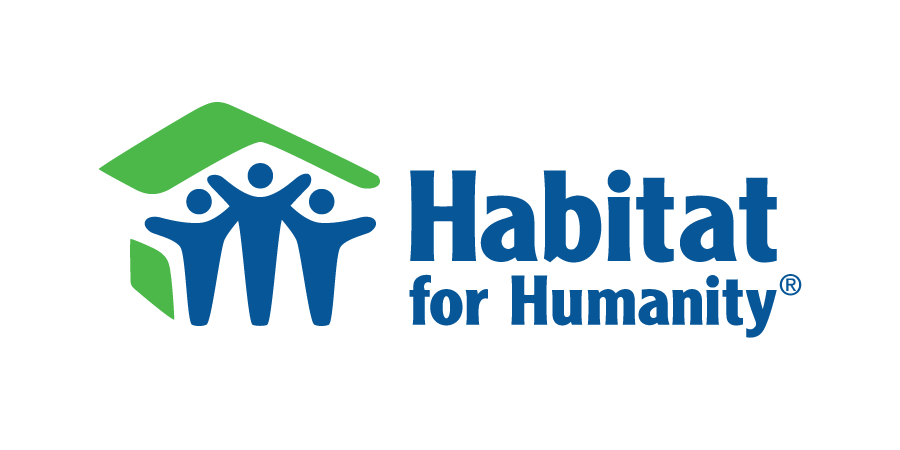 Habitat for Humanity logo with three stylized blue human figures under a green roof, next to the text "Habitat for Humanity" in blue.