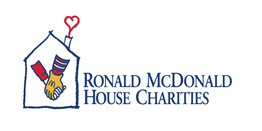 Logo for Ronald McDonald House Charities featuring a house outline, two hands shaking, a heart, and text.