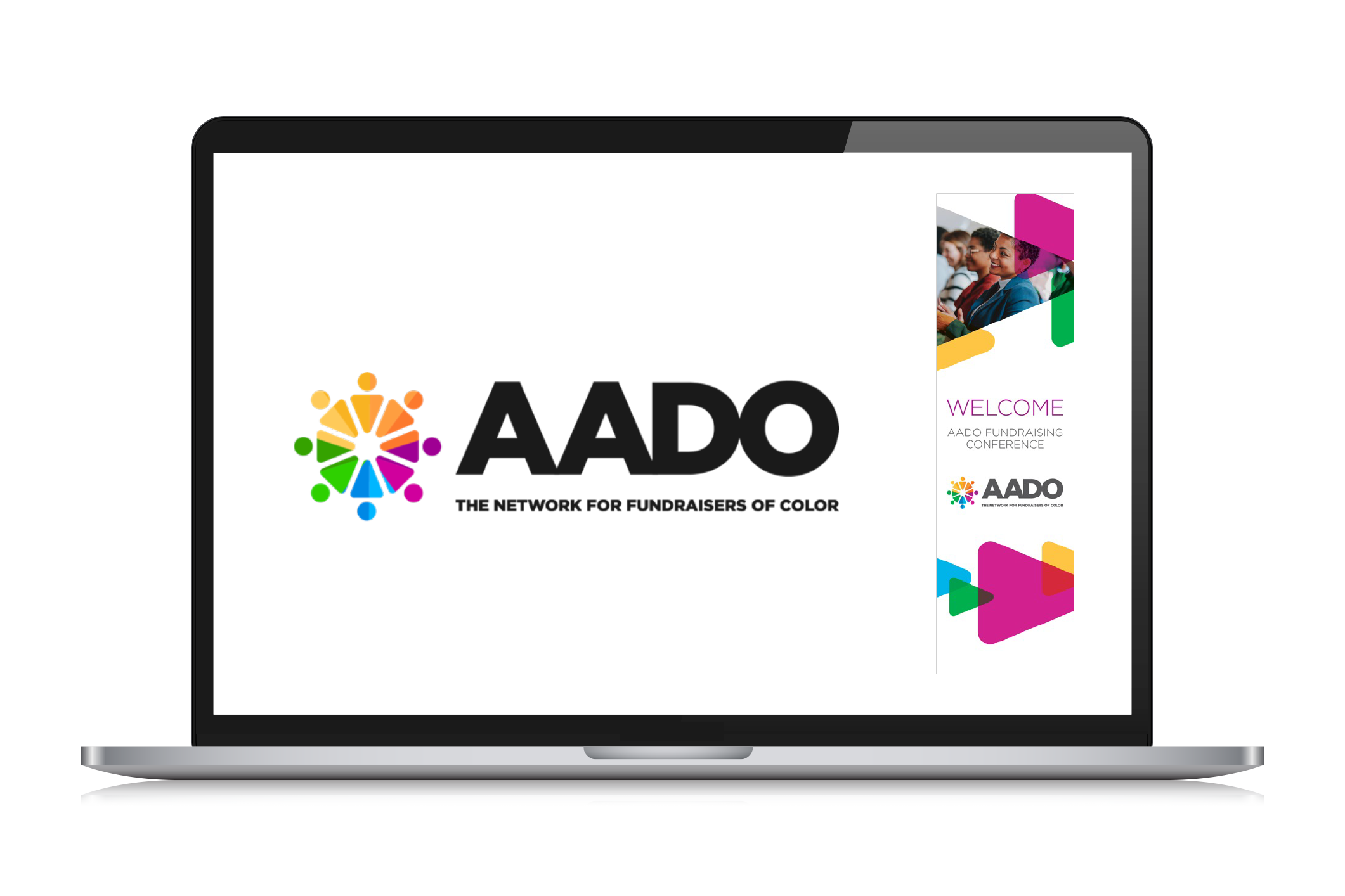 A laptop screen displaying the logo of AADO, a network for fundraisers of color, with a colorful circular graphic and a photo of smiling diverse people at an event.