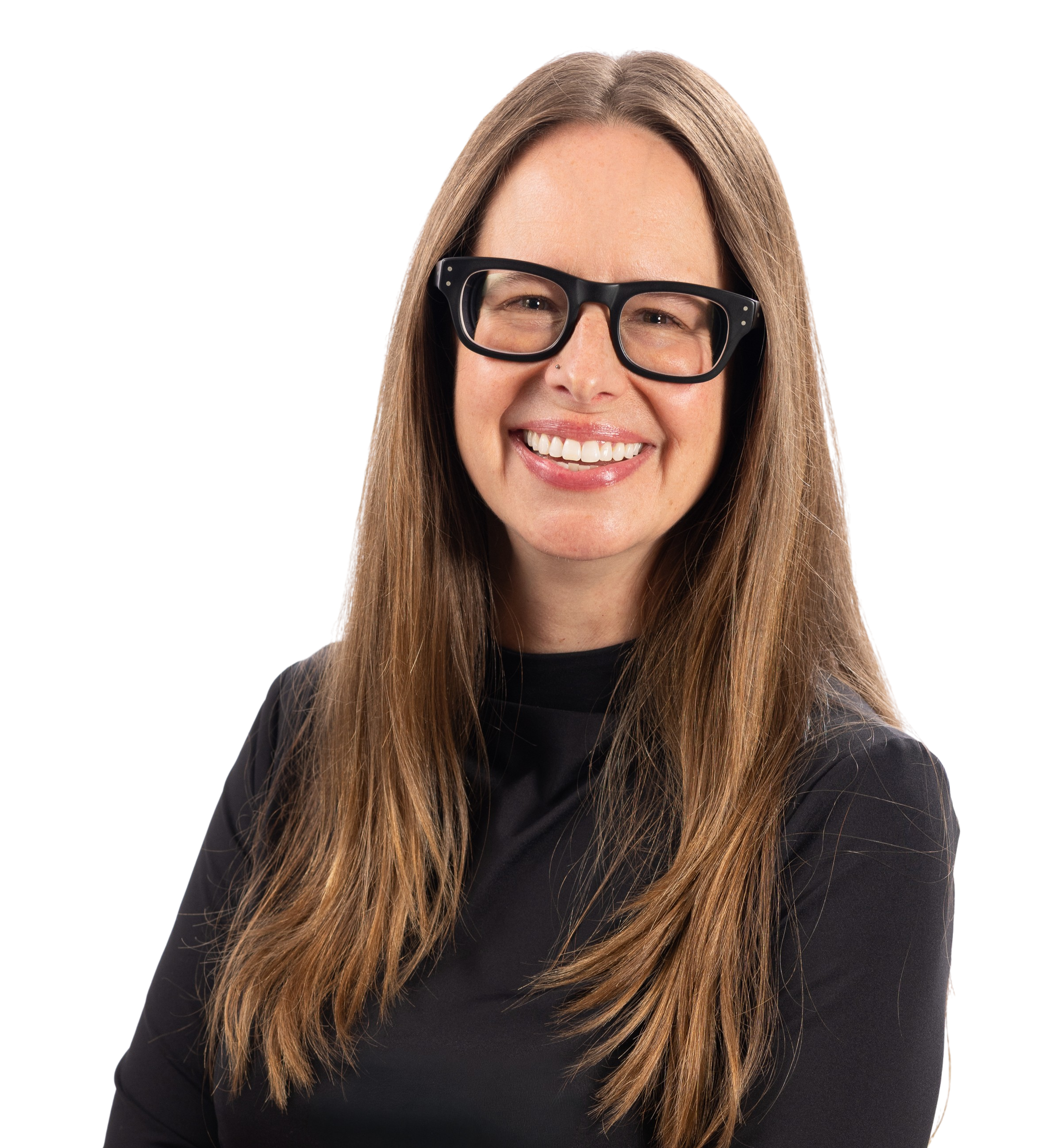 Close-up of a woman with long, light brown hair, wearing black glasses and black top, smiling.