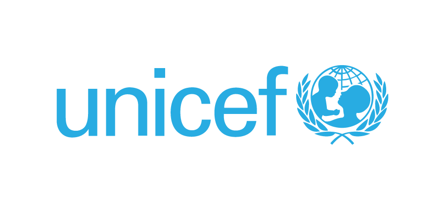 UNICEF logo with the word 'unicef' in blue and a globe containing two children’s silhouettes surrounded by laurel leaves.