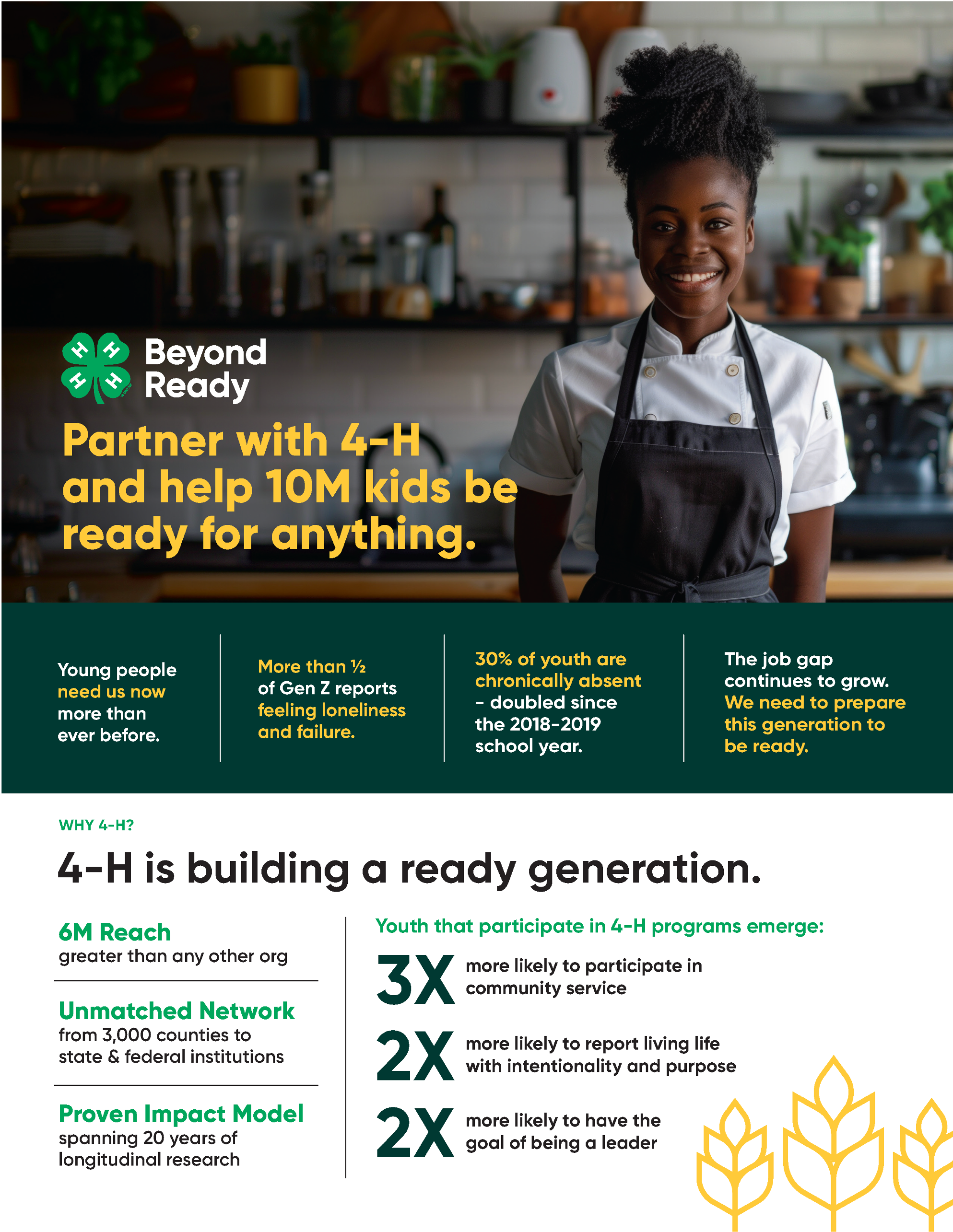 A young woman in a white chef's coat and black apron stands in a kitchen with a smile. The background features shelves with potted plants, kitchen utensils, and appliances. The overlay text promotes the partnership between Beyond and 4-H to help 10 million kids be ready for anything.
