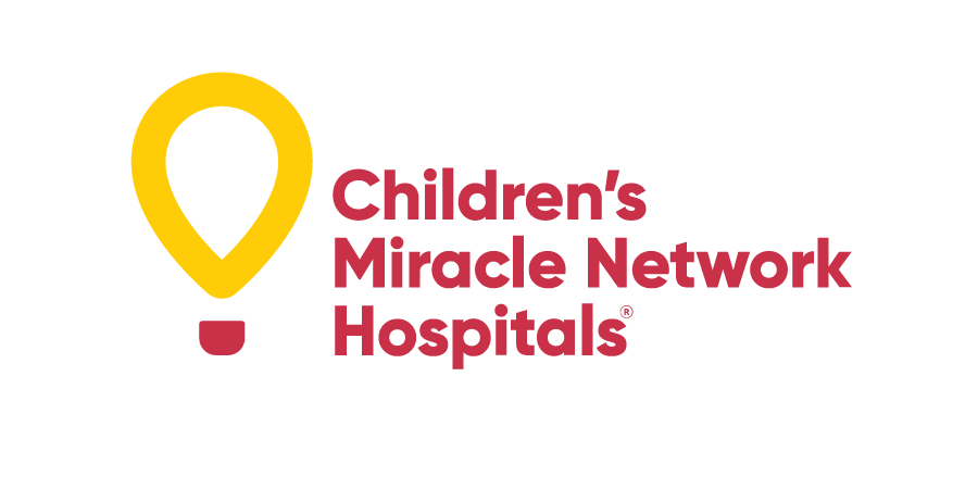 Logo for Children's Miracle Network Hospitals featuring a yellow balloon shaped like a map pin and the text in burgundy.