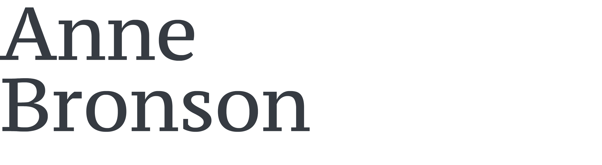 Text image with the name 'Anne Bronson' in large gray font on a black background.