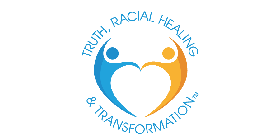 Logo with two stylized human figures, one blue and one orange, forming a heart shape in the center surrounded by the text 'TRUTH, RACIAL HEALING & TRANSFORMATION'.