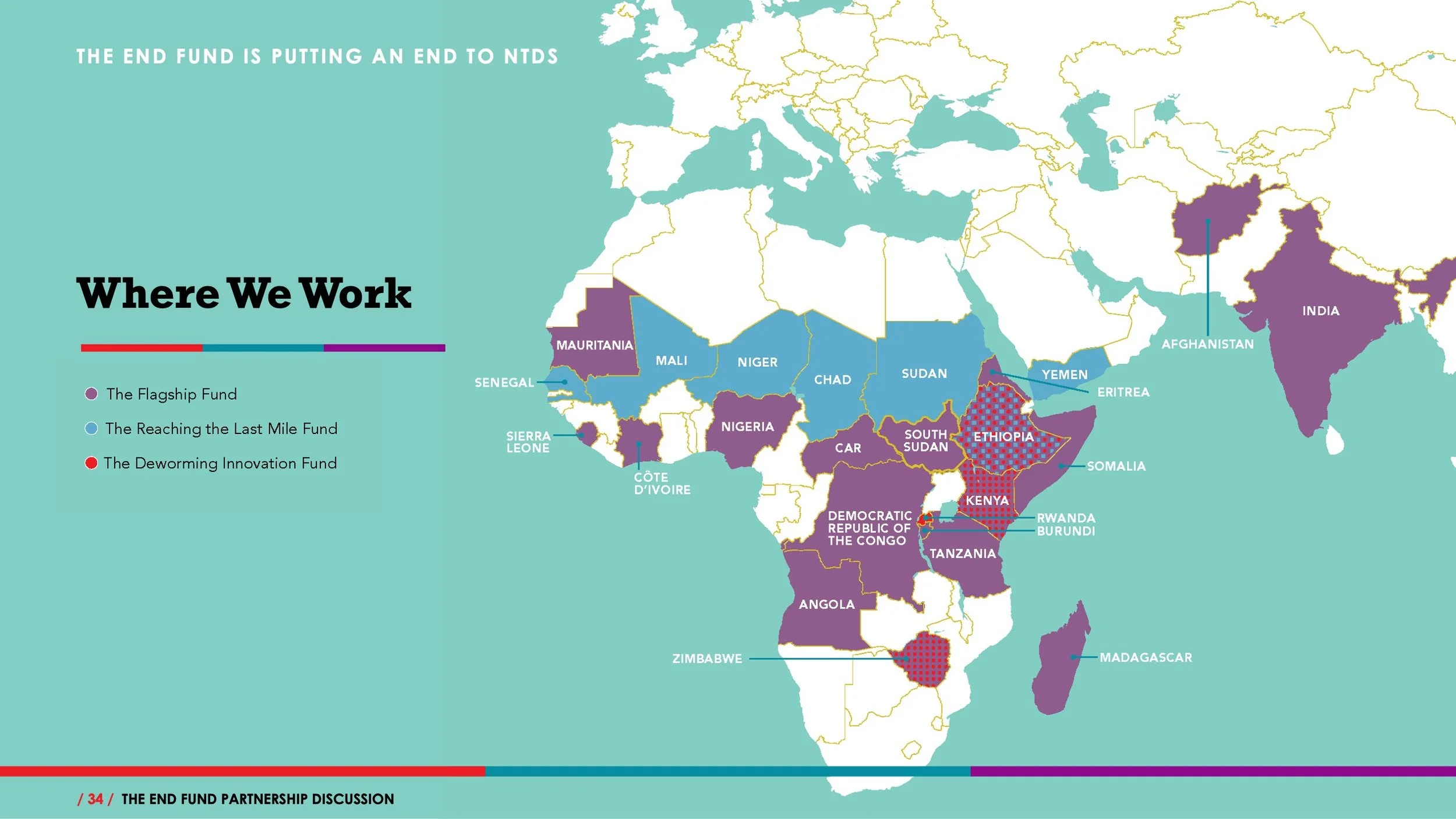 Map of Africa and parts of the Middle East and Europe showing countries color-coded by funding source, with legend indicating Flagship Fund in purple, Reaching the Last Mile Fund in blue, and Deworming Innovation Fund in red dots. Overlaid text states that the end fund is putting an end to NTDS, and includes a footer about the discussion.