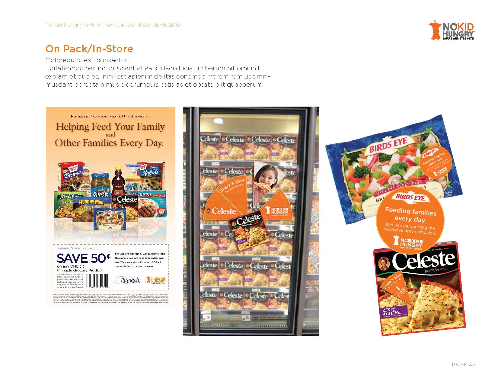A promotional display for No Kid Hungry featuring various food products such as cereal, pizza, and frozen meals, along with a sign highlighting a 50-cent savings offer on one Pinnacle Grocery product. The display includes promotional posters and product images, some affixed to a glass door and others laid out on an adjacent surface.