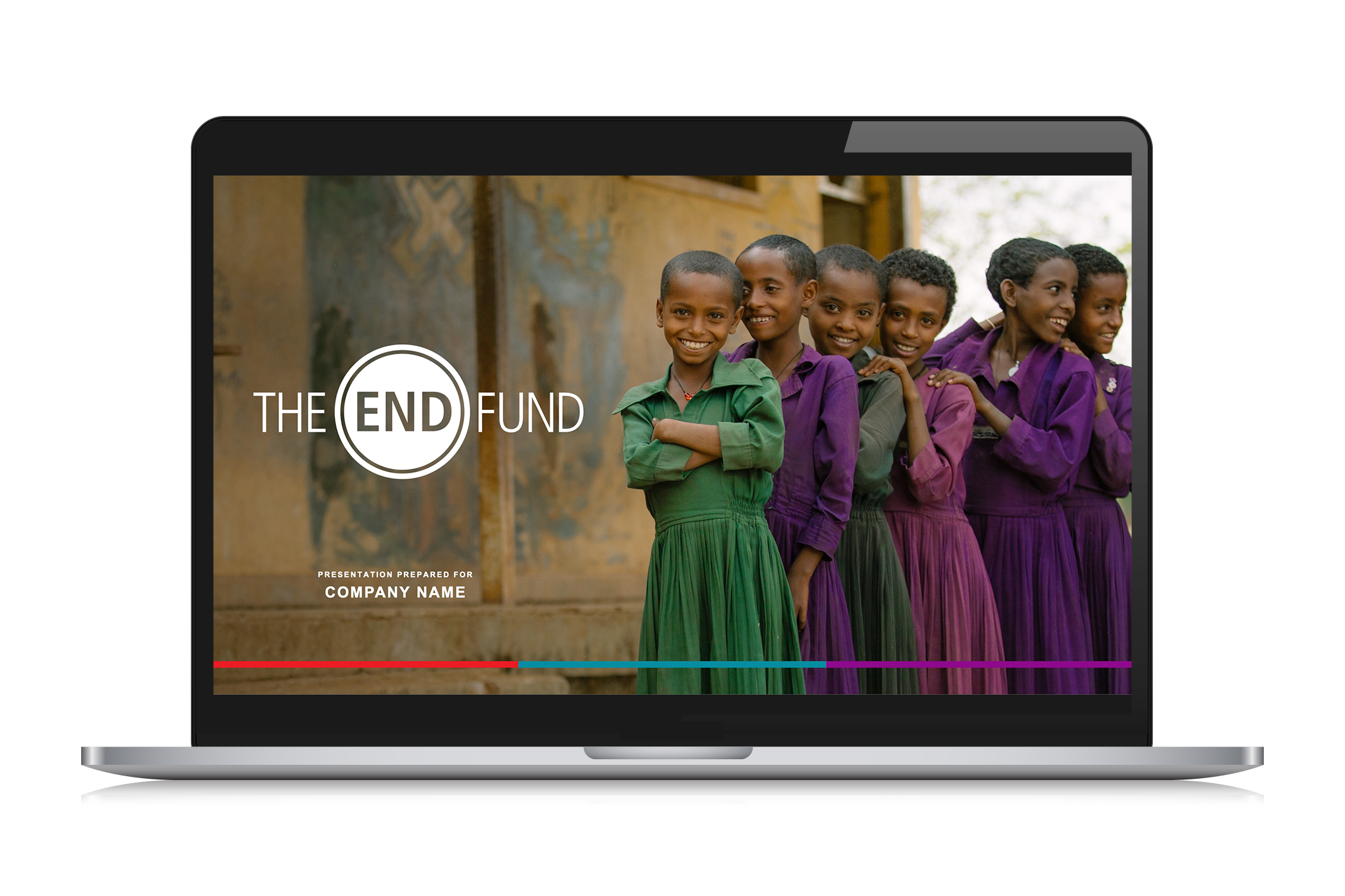 A group of smiling children in colorful uniforms standing outside in front of a weathered building, part of a presentation slide for The END Fund.
