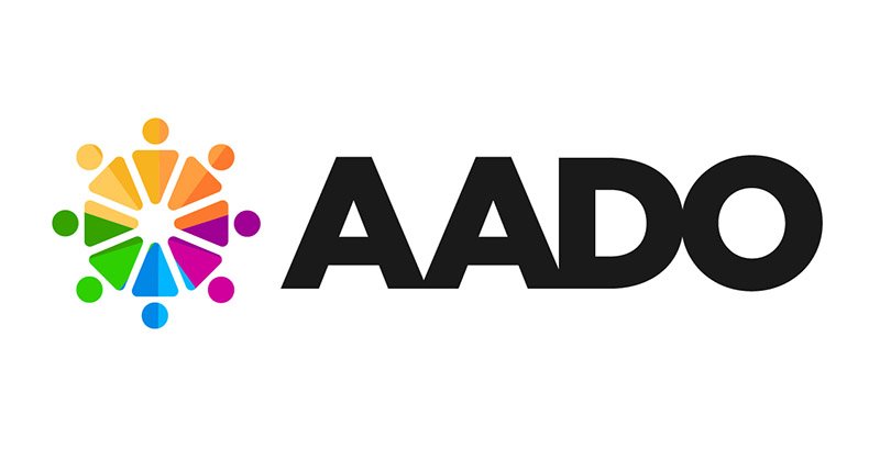 Colorful circular logo with stylized figures surrounding the word 'AADO' in bold black letters.