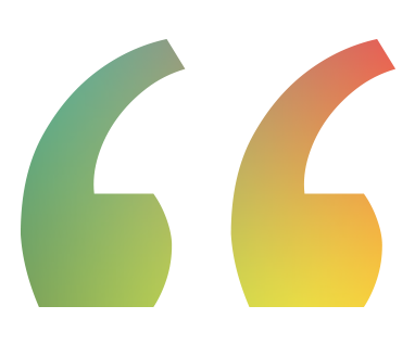 A pair of stylized quotation marks with a gradient color from green to yellow to red.