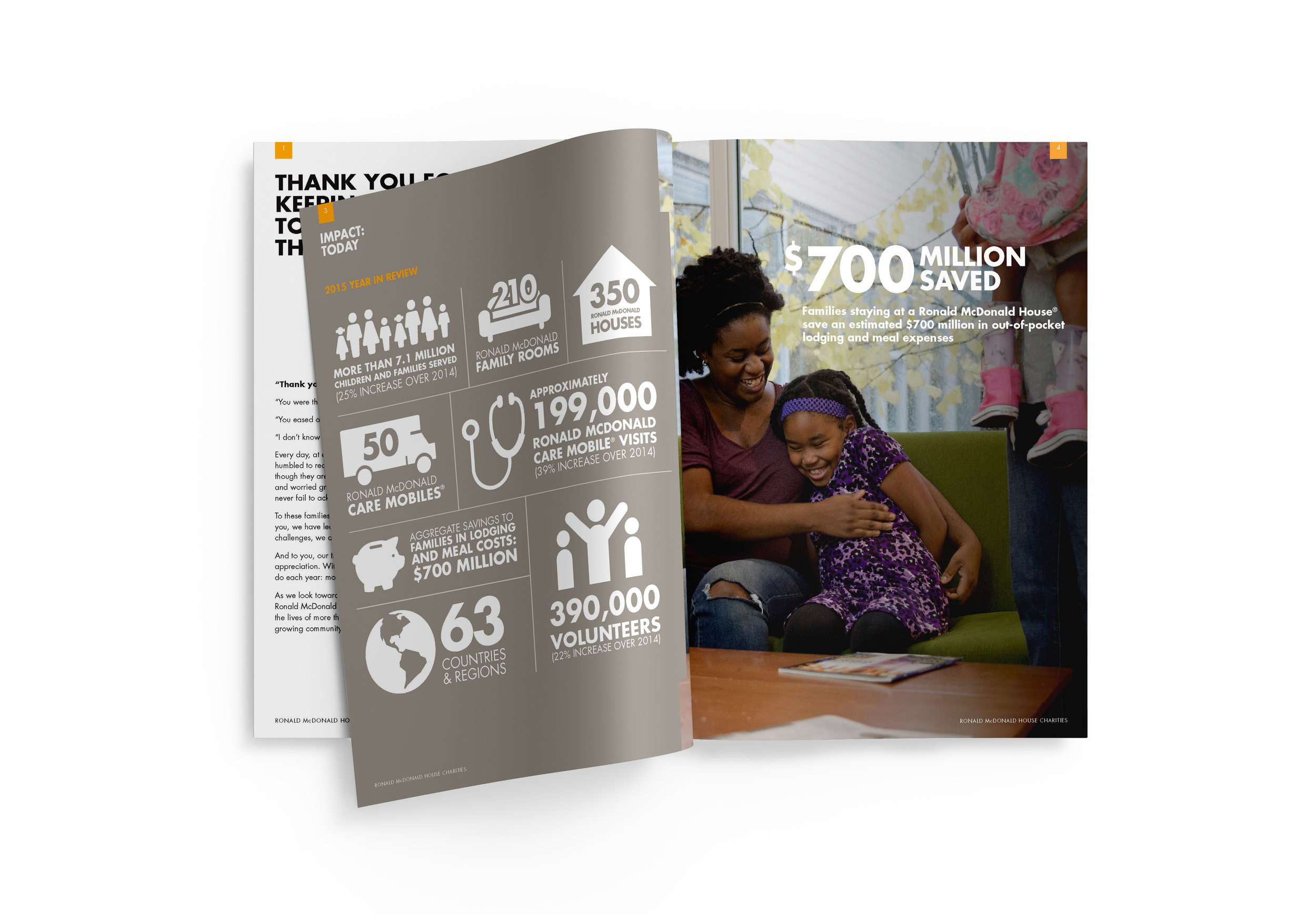 Open magazine featuring infographic and a photo of a woman and two children smiling inside a building near a window.